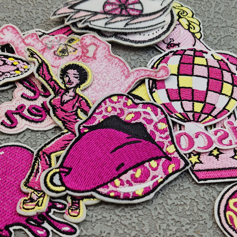 Parche bordado de discoteca, artesanal pegatina de tela, insignias de supercoche de color rosa, accesorios para planchar en ropa, bolso y sombrero