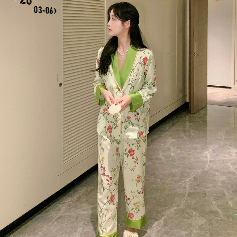 Conjunto de pijamas cetim estampado doce para mulheres, camisa e calça elegante de manga longa, conjuntos de pijamas femininos