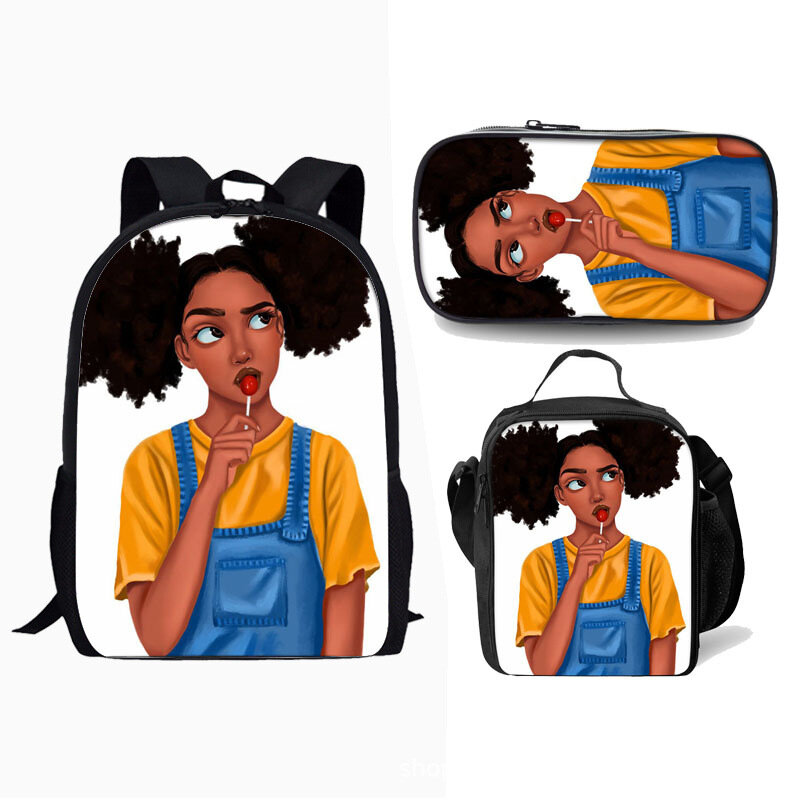 Klassieke Nieuwigheid Zwart Meisje Afrikaans Meisje 3d Print 3 Stks/set Leerling Schooltassen Laptop Dagrugzak Lunch Tas Etui