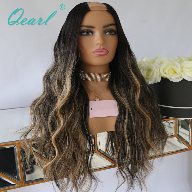 Thick Human Hair Wig for Women Ombre Black Honey Blonde Highlights U Part Wigs 2x4 Brazilian Cheap Wig Natural Wave 180% Qearl