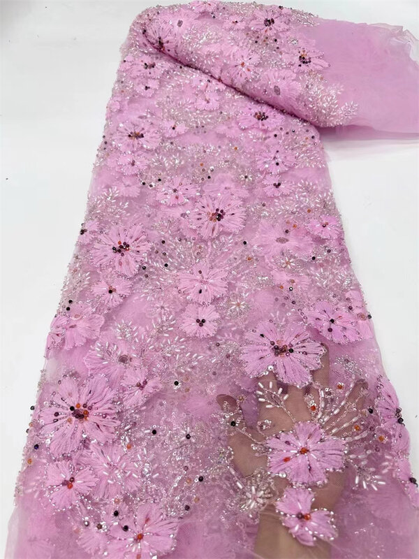 Tecido de renda de tule africano, tecidos nigerianos de lantejoulas para costura de vestido de casamento, rede frisada rosa, alta qualidade, 5 jardas, 2024