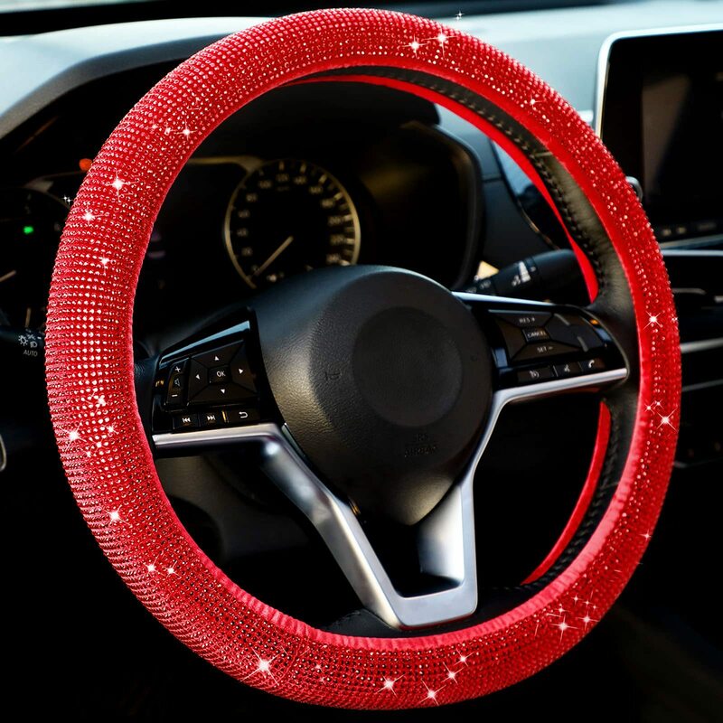 Leather Steering Wheel Cover, Bling Crystal Rhinestones Universal Fits 15 Inch Car Wheels Protector for Women
