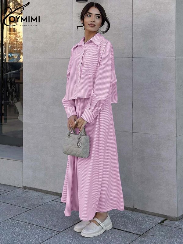 Oymimi Elegante Roze Gestreepte Print Vrouwen 2 Delige Set Outfit Mode Lange Mouw Knoopshirt En Hoge Taille Rok Met Trekkoord