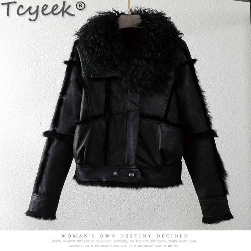 여성용 토끼 Tcyek 재킷, 따뜻한 울 모피 칼라, 2024 한국 신상 오토바이 재킷, 실제 코트, 겨울