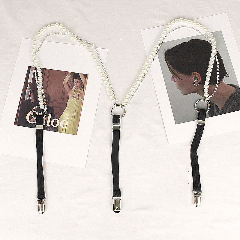 Suspender wanita, tali rantai berlian imitasi mutiara ramping dekorasi latihan tali rantai elastis untuk pakaian luar