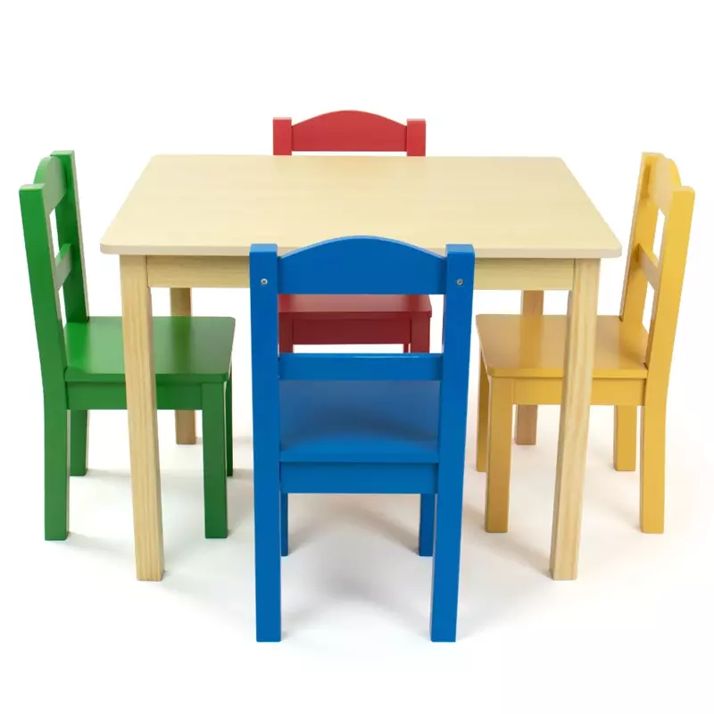Meja kayu anak SD dan Set 4 kursi, kayu alami/Primer