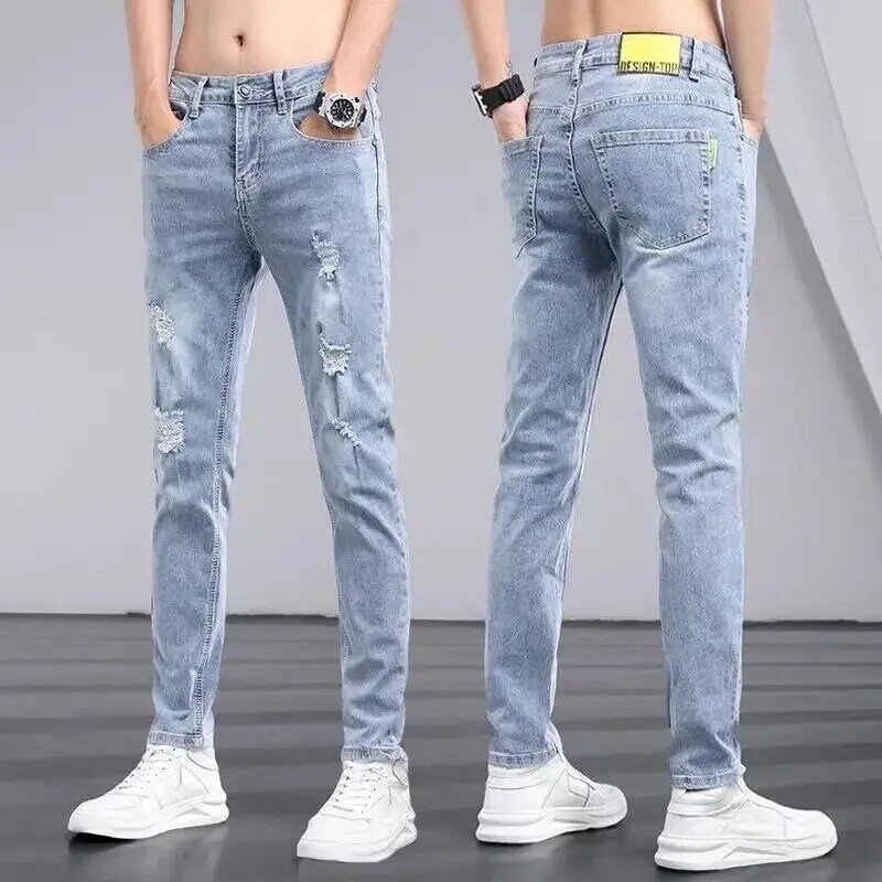Jeans kurus pas badan untuk pria, celana Jin koboi Hip Hop elastis, lubang robek pas badan gaya Korea untuk pria