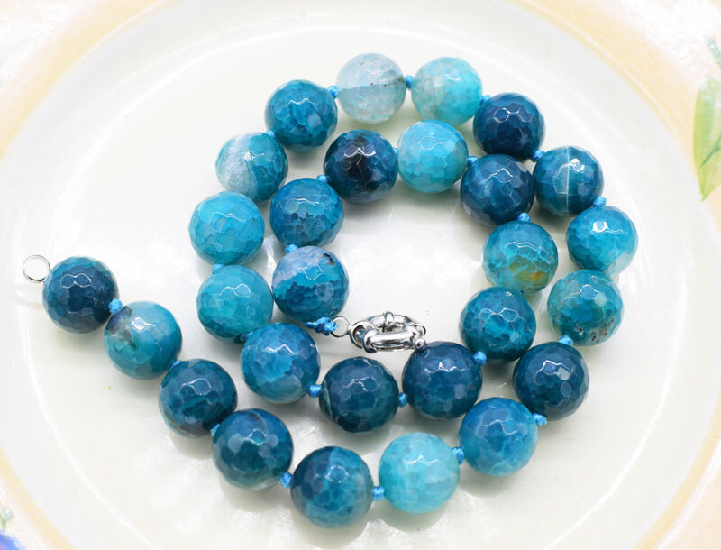 12mm blauer Achat runde facettierte Halskette 18 Zoll Großhandel Perlen Natur