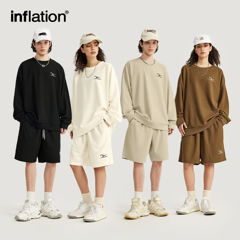 INFLATION Spring Oversized Tracksuit Sportswear Unisex Pique Fabric Embroidery Long Sleeve Tees and Shorts Set