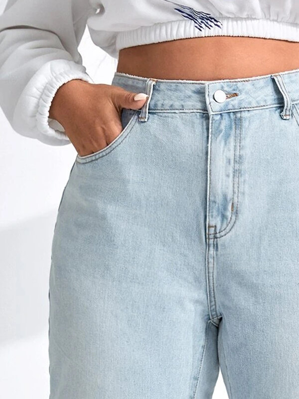 Plus Größe Verjüngt Frauen Jeans Hohe Taille Licht Bule Wasch Vollen Länge Jeans Harem Frauen Jeans Denim Frühling Jeans Hosen 2023