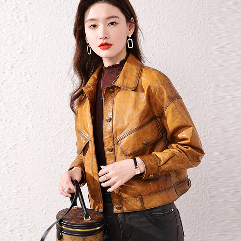 New Sheepskin Coat for Women Spring Autumn Fashion Lapel Single-Breasted Casual Short Red Wine Waxy Leather Jacket Abrigo Mujer 