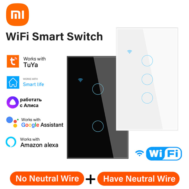 Xiaomi 1/2/3/4 Gang TUYA WiFi Smart Touch Switch Neutral Wire Required Smart Life Control Work Alexa Google Home Assistant