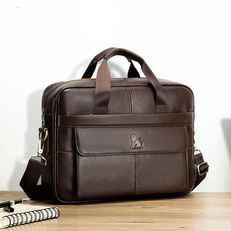 Tas kantor kulit asli bisnis pria, tas jinjing mewah kapasitas besar 14 "tas Laptop Vintage untuk pria