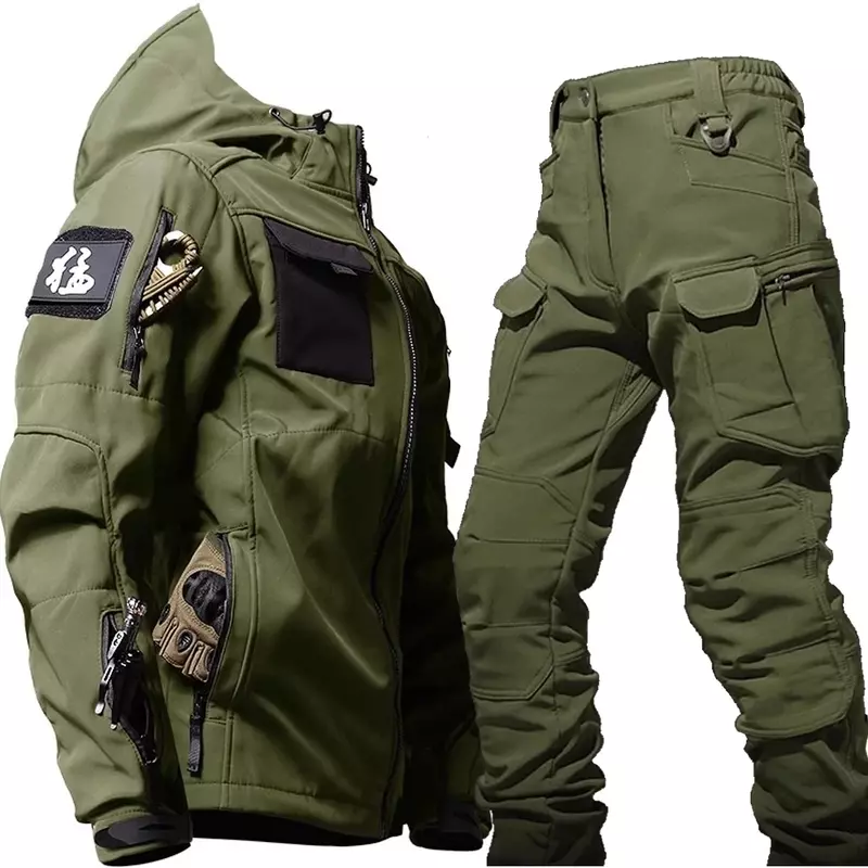Military Soft Shell Sets Men Waterproof Hooded Tactical Jackets+Multi-pocket Cargo Pants 2 Pcs Suits Winter Fleece Warm Army Set