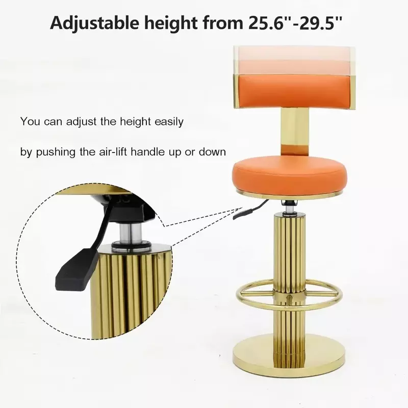 Bar Chair, Modern Adjustable Height Barstools Swivel, Back Bars Chairs with Polished Gold Stainless Steel Legs, Bar Chair