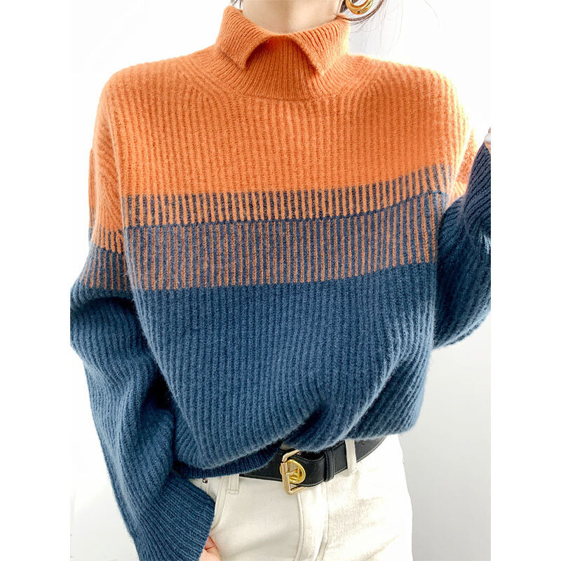Modne koreańskie kontrastujące kolory patchworkowe swetry odzież damska jesienno-zimowa Casual Vintage dzianinowe swetry z golfem
