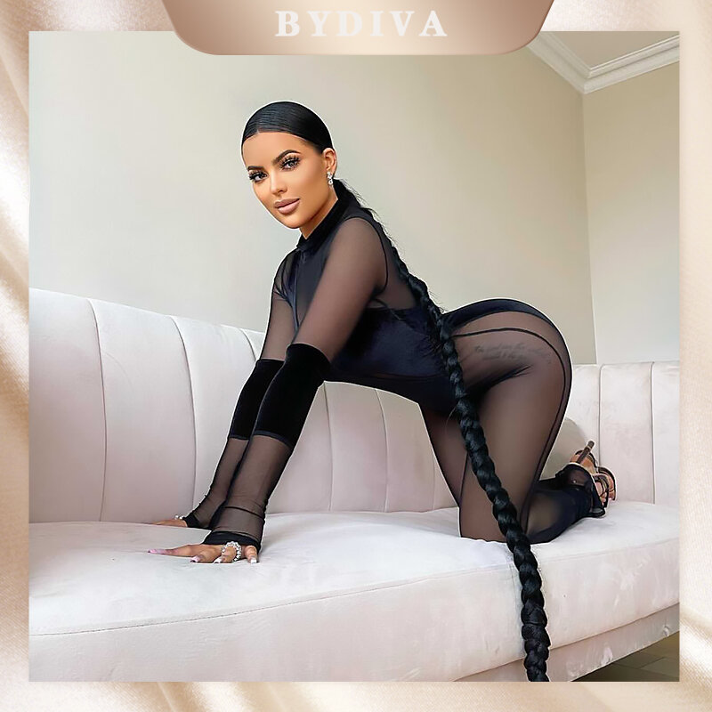bydiva Mesh Fleece Fabric Patchwork Jumpsuits Bodysuits Women See Through Side Slit Asymmetrical Sexy Street Party Club Overalls
