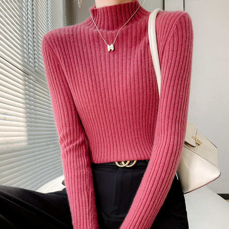 Свитер с полуворотником, Женский пуловер из 100% чистой шерсти на осень и зиму, новый вязаный свитер с подкладкой