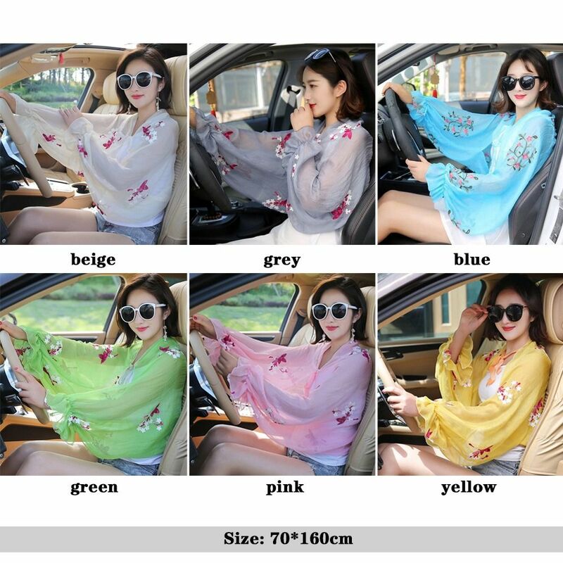 Camisa larga de gasa bordada Floral para mujer, Mangas de protección solar, bufanda de conducción, chal de playa