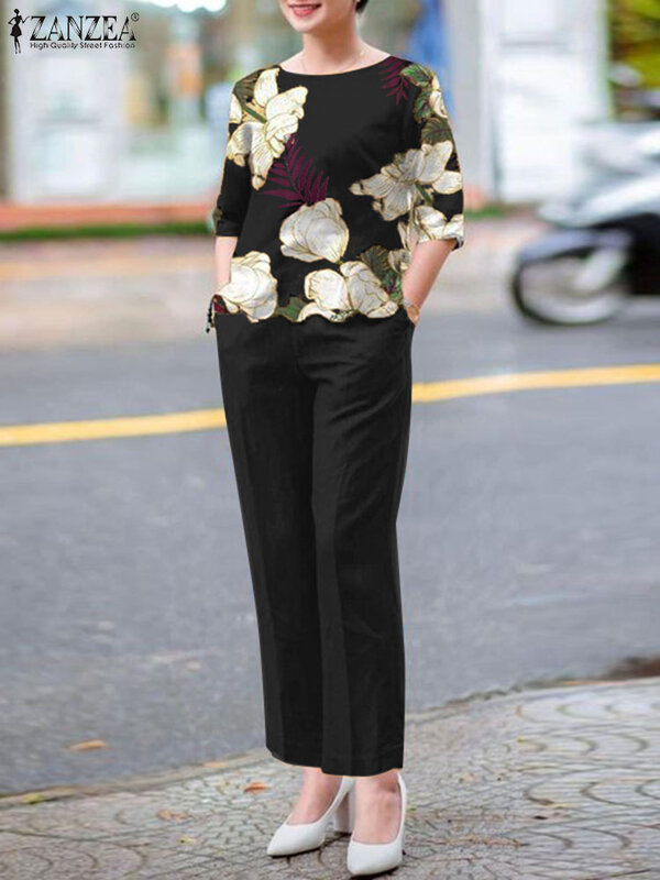 ZANZEA 우아한 여성 오피스 워크 세트 매칭 세트, 패션 반팔 꽃 블라우스 바지 세트, 여름 운동복, 오버사이즈, 2 개