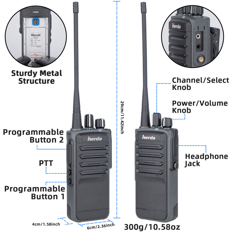 Herda H368D Long Range Walkie Talkie 5W Powerful UHF 400-470MHz Ham 16 Channel Two Way Radio Handheld Transceiver