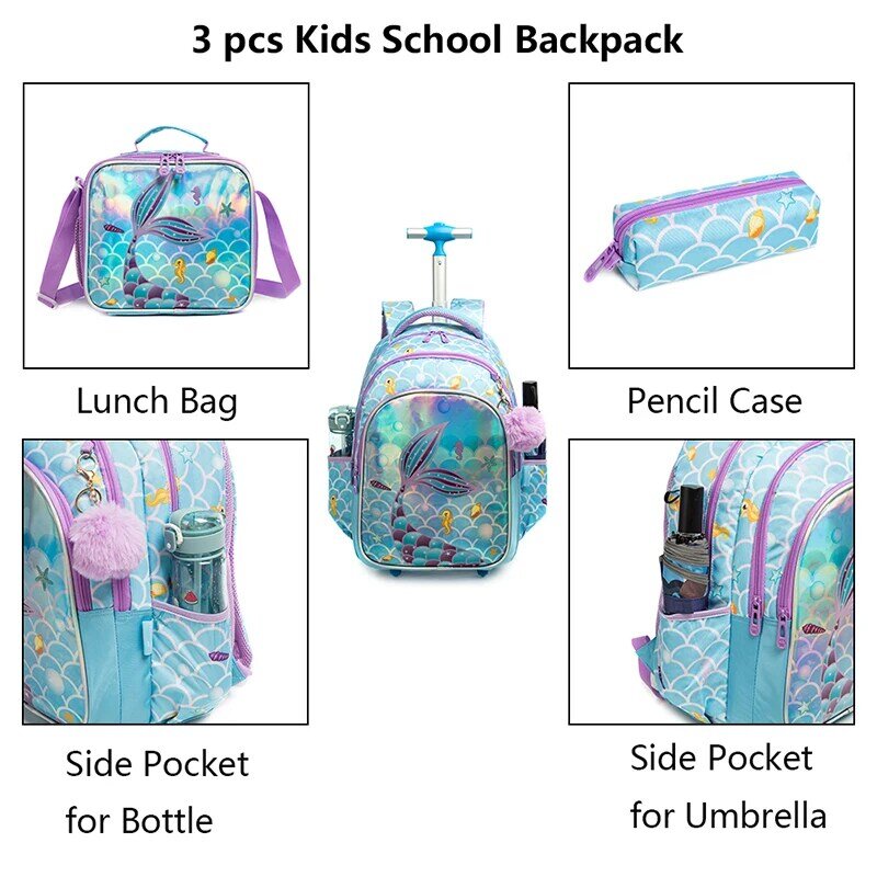 Juego de mochila rodante para niños, mochila escolar con ruedas, bolsa de almuerzo aislada y estuche para lápices para niños y niñas