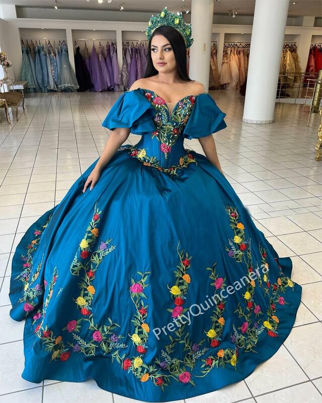 Charro Floral Embroidery Deep V Off the Shoulder Cap Sleeves Quinceanera Dresses with Train Ball Gown Big Skirt Sweet 16 Dress