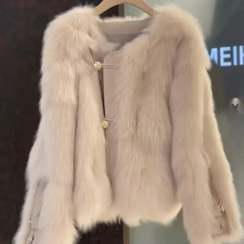 Casaco de pele sintética de peito único feminino, jaqueta de gola redonda, manga comprida, high-end, elegante, slim fit, inverno