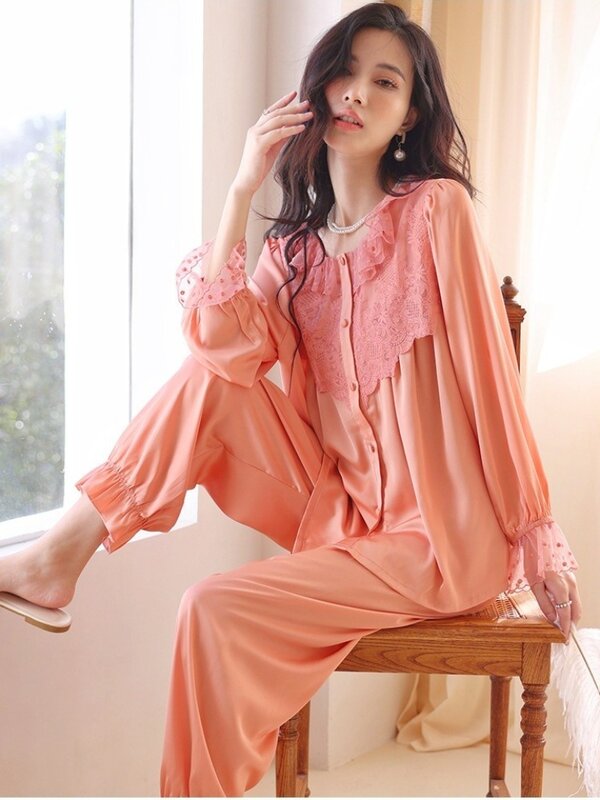 Pijama de seda manga longa feminino, estilo princesa, renda, terno fino, roupa exterior, roupa de casa, primavera e verão