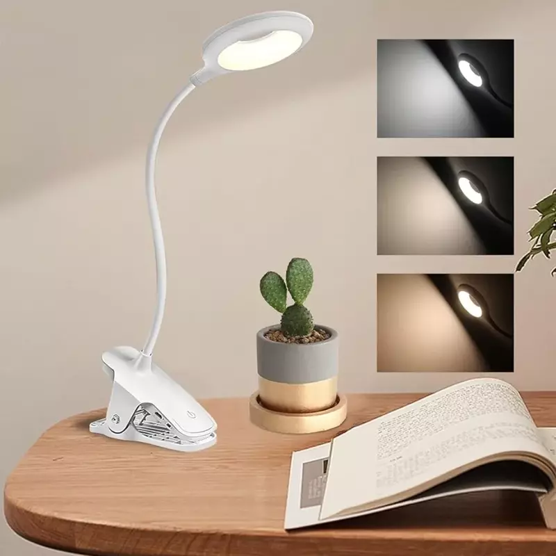 Lámpara de escritorio con Clip de brillo de 3 niveles, luz nocturna de lectura LED portátil, luz de escritorio recargable, lámpara de luz regulable para libros de estudio