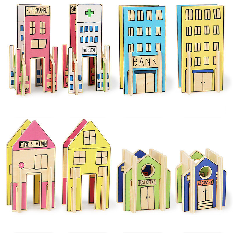 Blocos De Construção De Aldeia De Madeira Definido Para Crianças, Puzzle De Arquitetura 3D, Jogo De Casas Waldorf, Blocos De Construção De Cidade