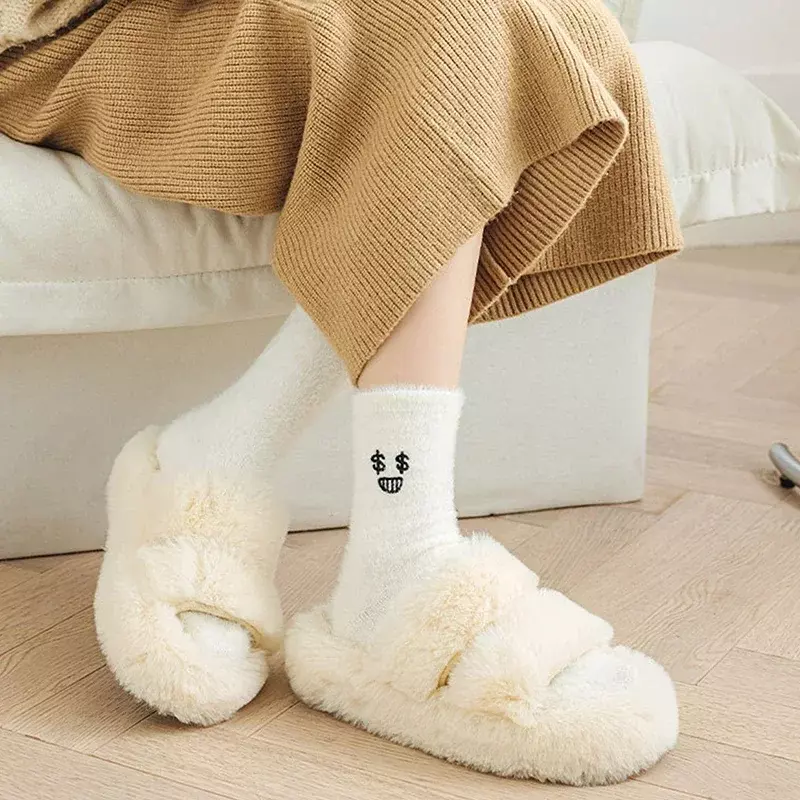 1/5 Pairs of Autumn/Winter Socks Women's Embroidered and Fleece Thickened Cute Home Floor Socks Warm Mink Fleece Mid-tube Socks