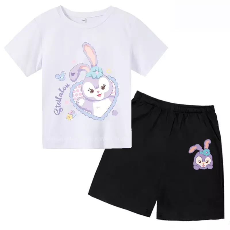 Disney Star Dai Lou Ballet Bunny Print Tee & Shorts Set - Child-Friendly Summer Cotton Wear, Casual Outdoor Korean Fashion