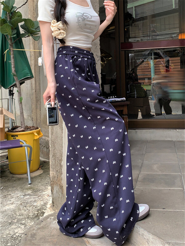 Plamtee กางเกงเอวสูงสำหรับผู้หญิง, ใหม่ล่าสุด2024ฤดูร้อนพิมพ์ลายสาวออฟฟิศแฟชั่นสลิมลำลองขายาวกว้าง