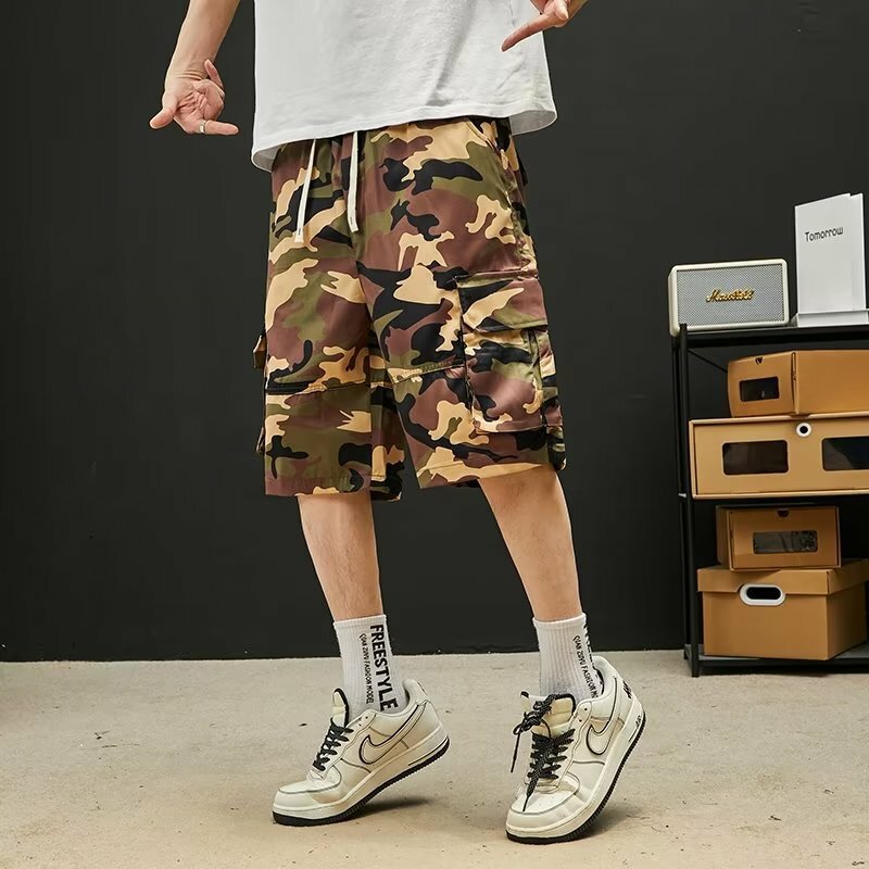 Шорты-карго мужские камуфляжные, короткие мешковатые штаны с несколькими карманами, на шнуровке, большие размеры 3XL 2023, летняя одежда