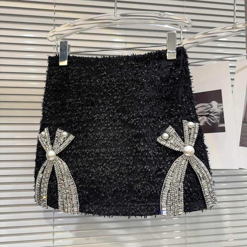 Falda Winter Pearls Bow Rhinestone Short Jacket Mini Skirt Two Piece Set Women Outfits Faldas