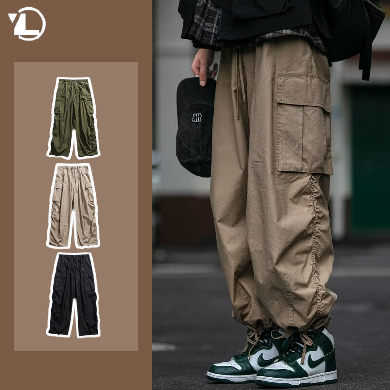 Quick Drying Cargo Pants Men Japanese Large Pocket Casual Wide Leg  Trousers Male Vintage Couple Overalls Loose Streetwear
