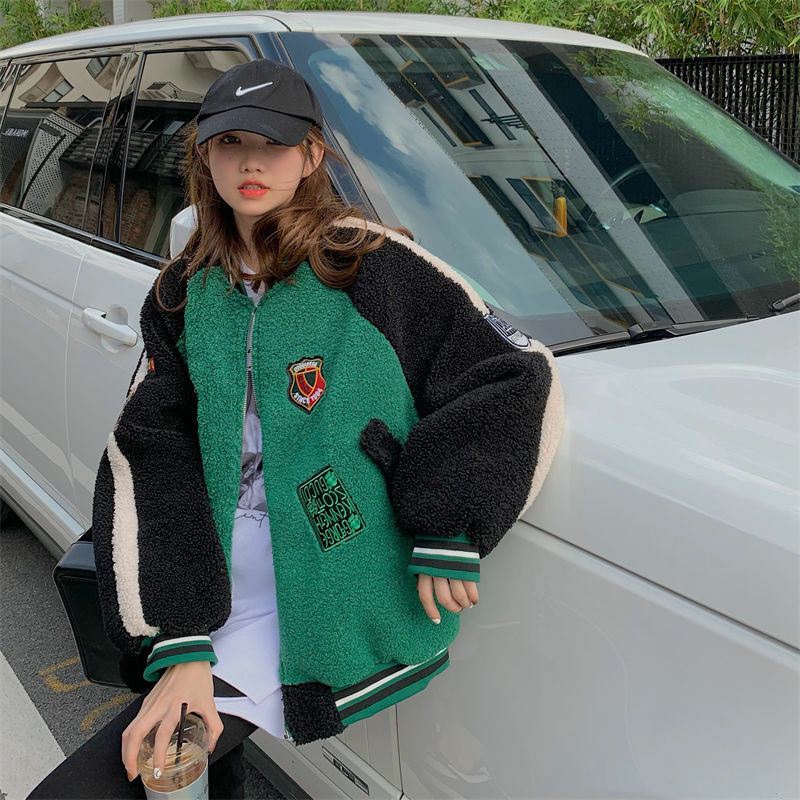 Deeptown Vintage stile coreano donne giacche da Baseball oversize Streetwear Y2k Hip Hop femminile Zip Up Bomber giacca Kpop verde Top