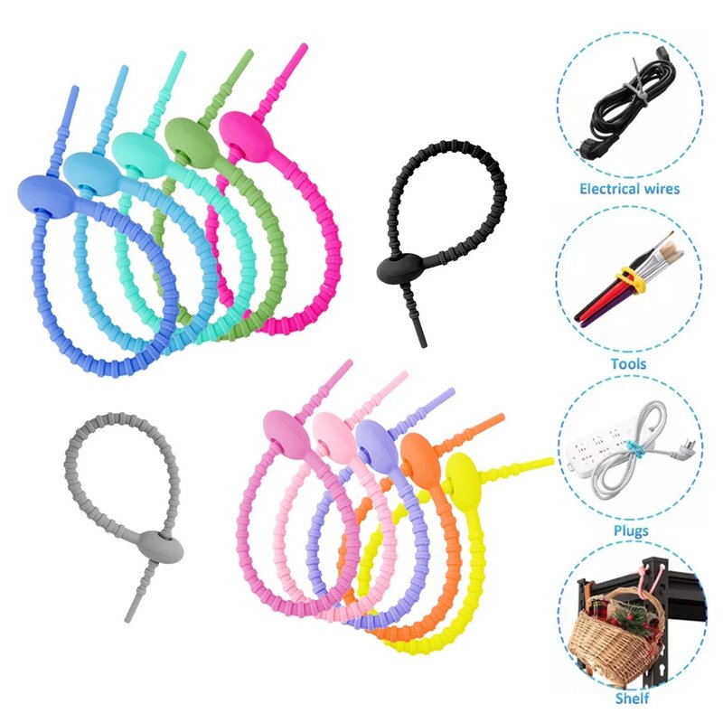 5Pc 215mm Silicone Ties Adjustable Color Silicone Tie Self-locking Strap Storage Organize Winder DIY Keychain Jewelry Lanyard