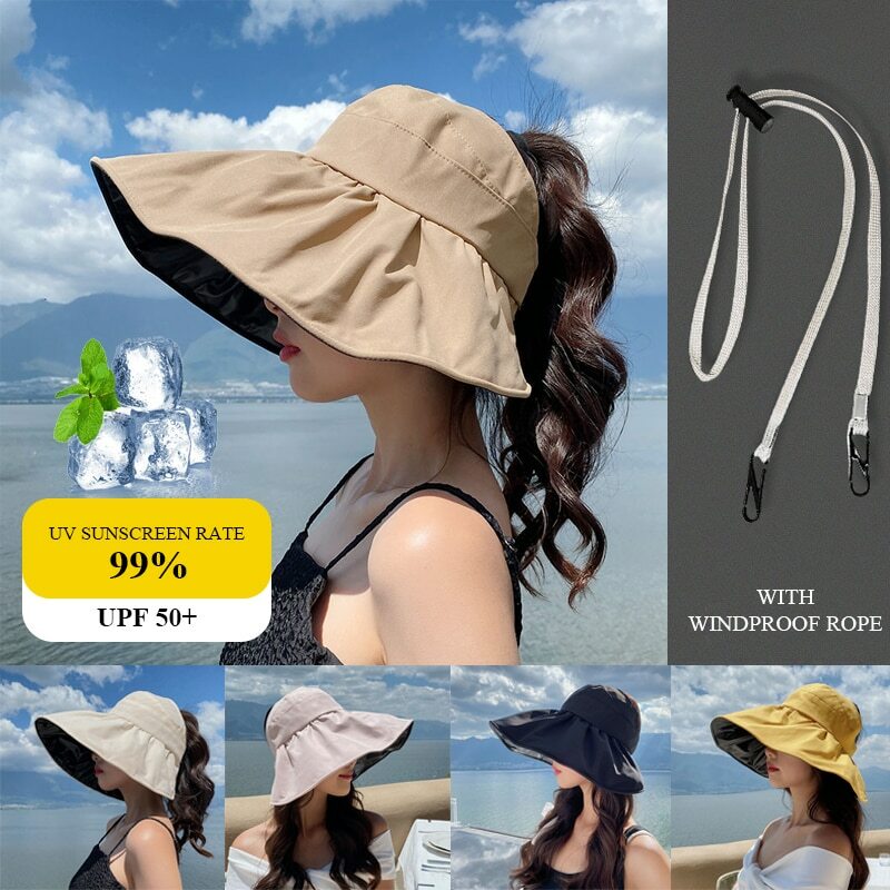 Chapéu Protetor Solar de Borracha Preto para Mulheres, Resistente UV, Chapéu Superior Meio Vazio, Sombrinha Cobrindo o Rosto, 5 Cores, UPF50 +, Verão