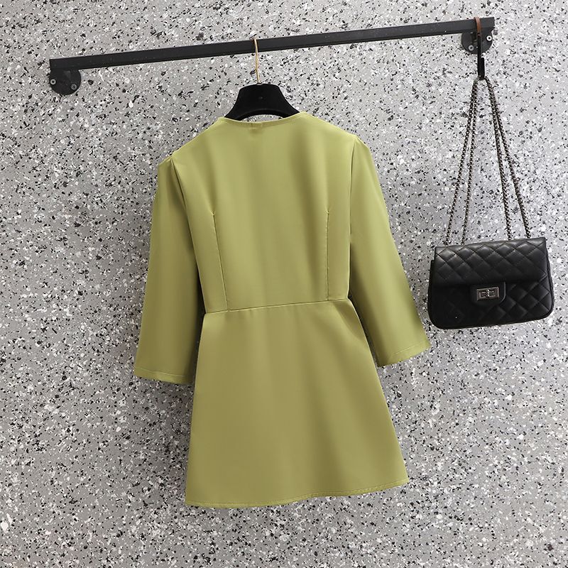 Camisa de gasa plisada con cuello en V Irregular para mujer, pantalones de lápiz, Conjunto elegante de dos piezas, ropa de oficina, Verano