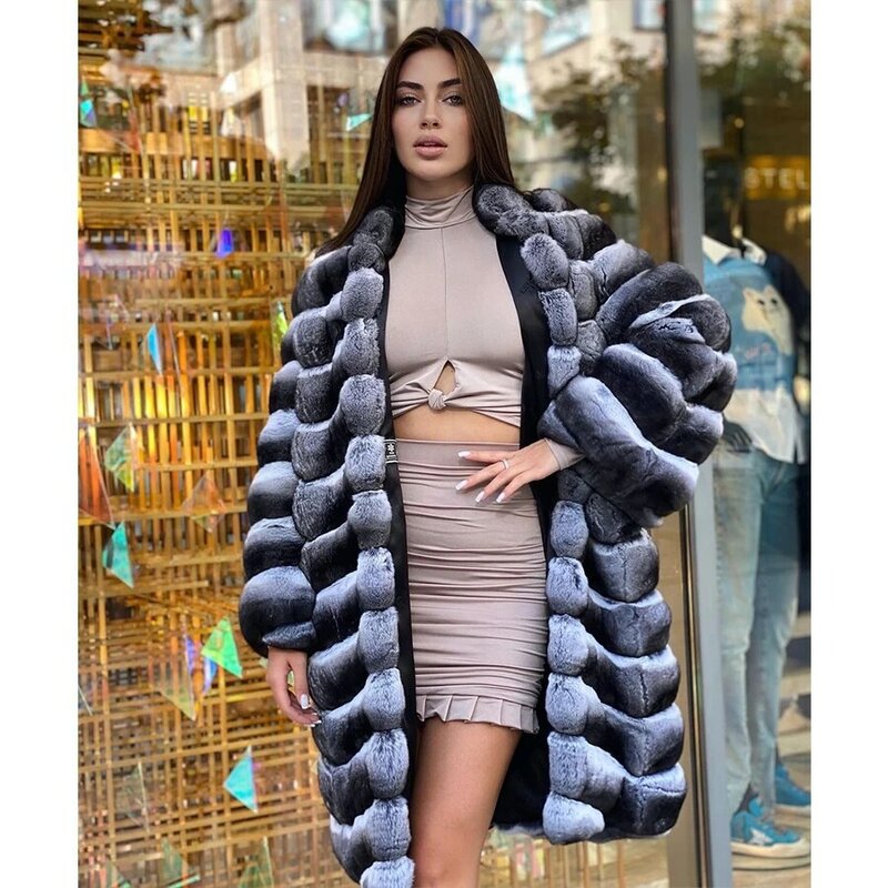Mantel bulu asli untuk wanita mantel bulu chincilla asli mantel bulu kelinci Rex pakaian luar musim dingin hangat panjang penjualan terbaik