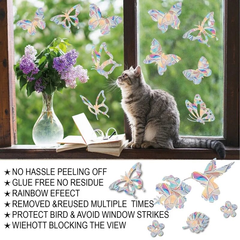 레인보우 썬캐처 창 스티커, PVC 고양이 나비 프리즘 유리 벽 스티커, 가정 어린이 침실 장식, 자체 접착 데칼