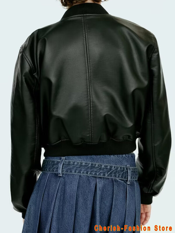 Damenmode Kunstleder kurz geschnittene Bomber jacke Mantel Vintage Langarm Front Reiß verschluss weibliche Oberbekleidung schicke Tops Marke