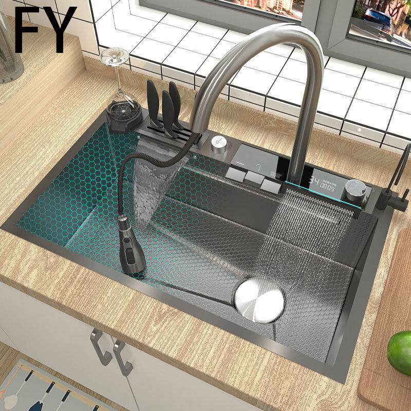 Fregadero de cocina de acero inoxidable con doble cascada, lavabo grande con relieve, ranura única, luz ambiental, pantalla digital