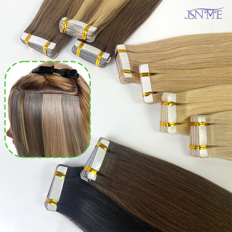 JSNME selotip ekstensi rambut, pita lurus tak terlihat mulus rambut manusia asli Ins hitam cokelat pirang 20 buah 16-24 inci untuk Salon