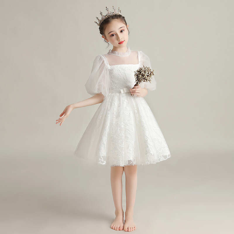 فستان أميرات منفوش للأطفال ، فستان زفاف للأولاد بزهور ، شاش أبيض ، زي أداء لمضيف عيد ميلاد الفتاة الصغيرة