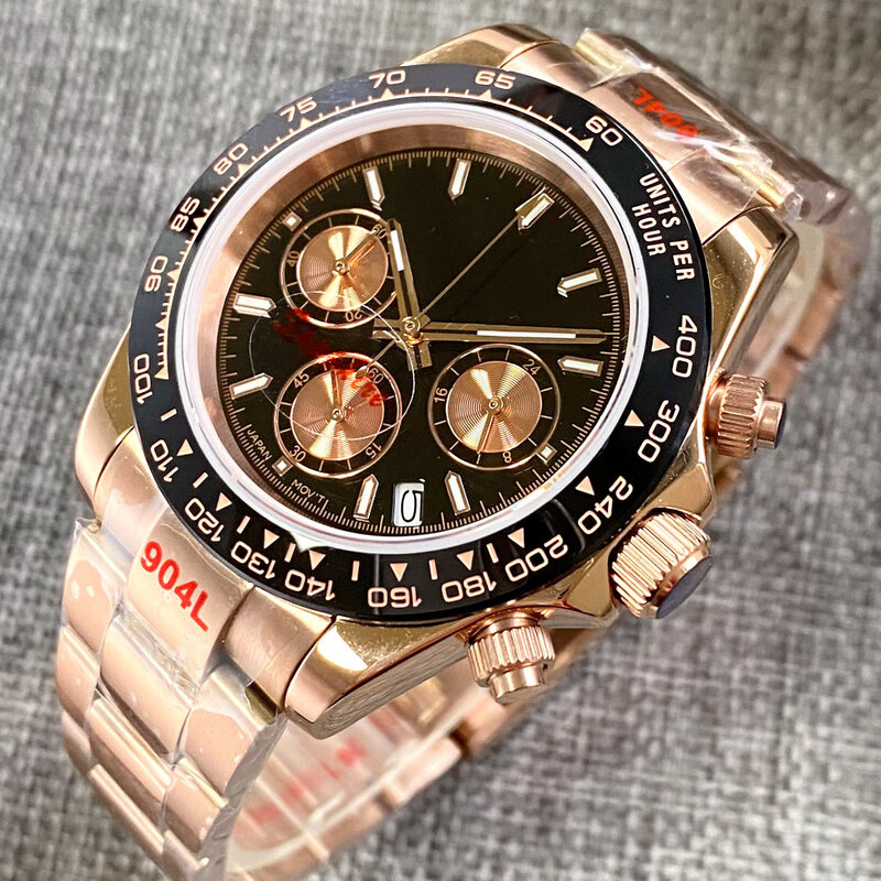 Cronografo in oro rosa velocità VK63 orologio al quarzo in acciaio per uomo quadrante Thee-eye bracciale 904L personalizza orologio con Logo orologio sportivo