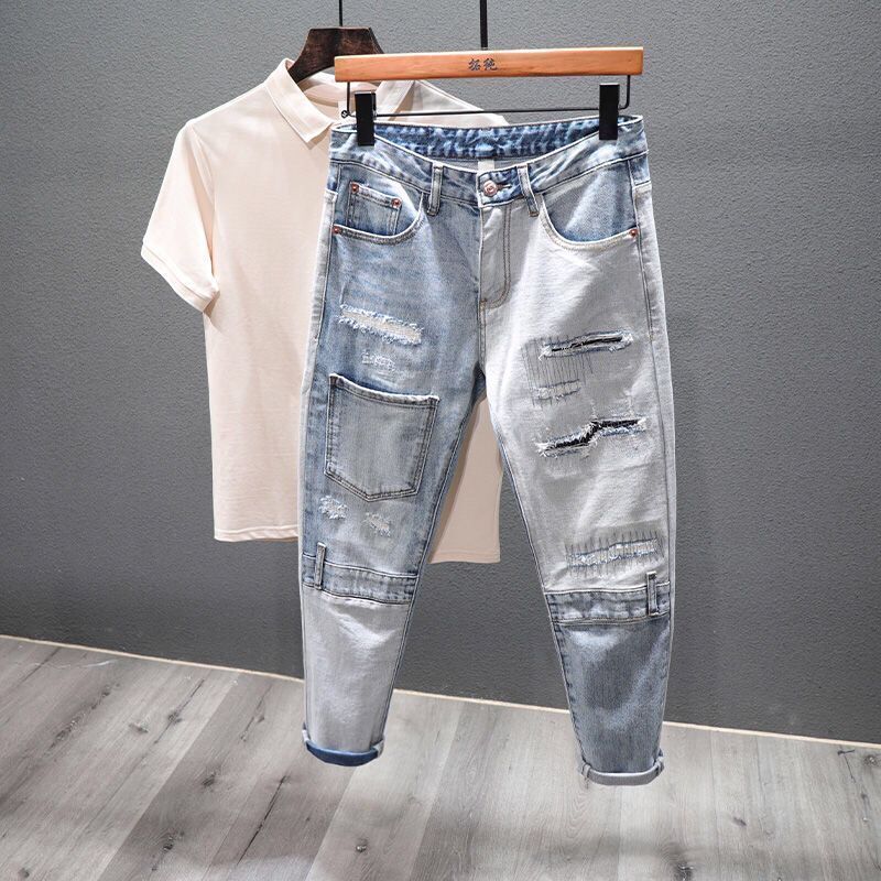 Джинсы мужские джинсовые в стиле пэчворк, повседневные винтажные ковбойские брюки-карандаш, модные красивые штаны, весна-осень