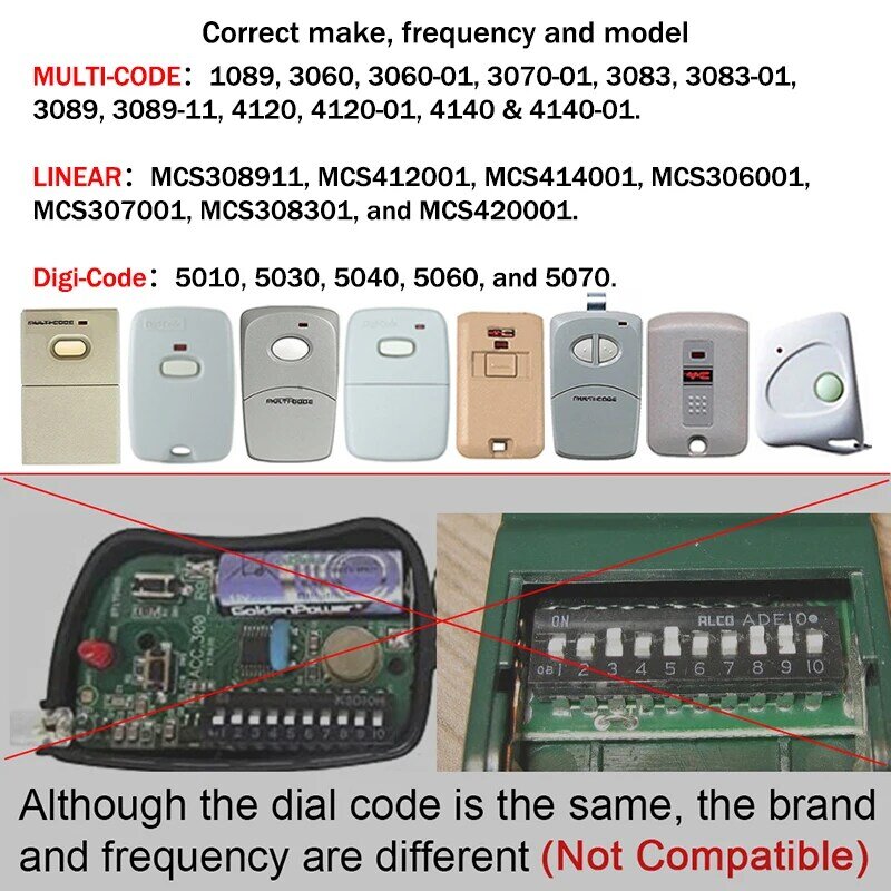 10Uds Linear Multi Code 3083 3089 3060 1089 3070 4120 4140 MCS308911 MCS308301 Control remoto para puerta de garaje 300MHz 10 interruptores DIP
